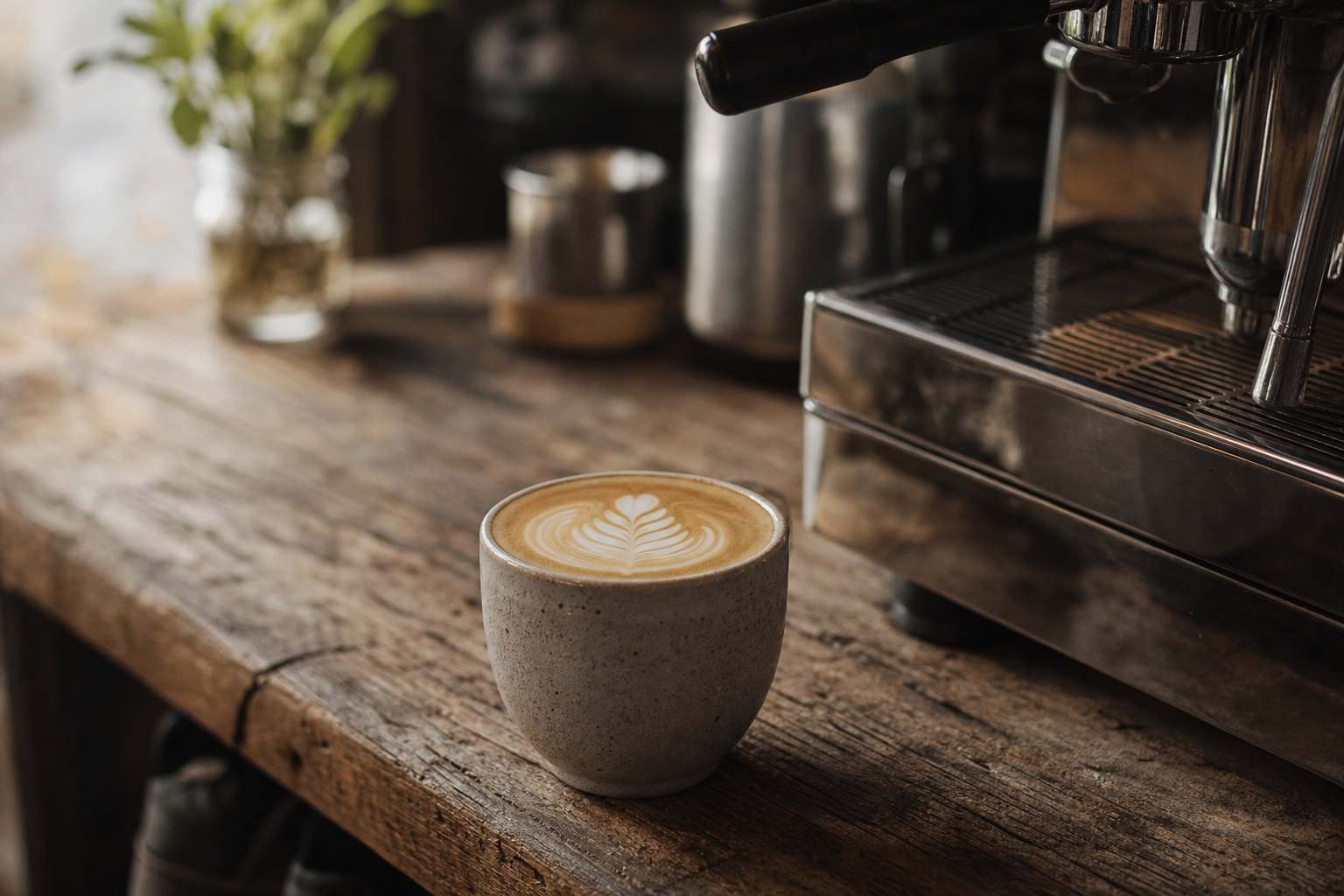 A flat white on the timber counter beside the espresso machine