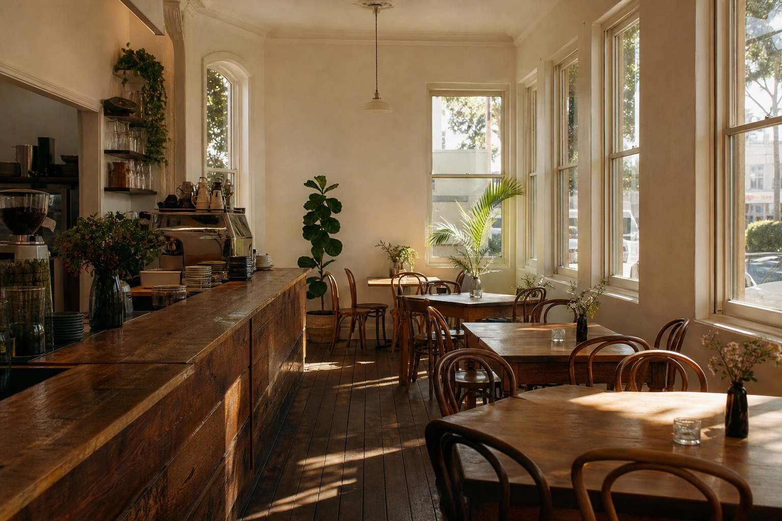 The cafe's dining room in morning light, timber tables set by tall windows