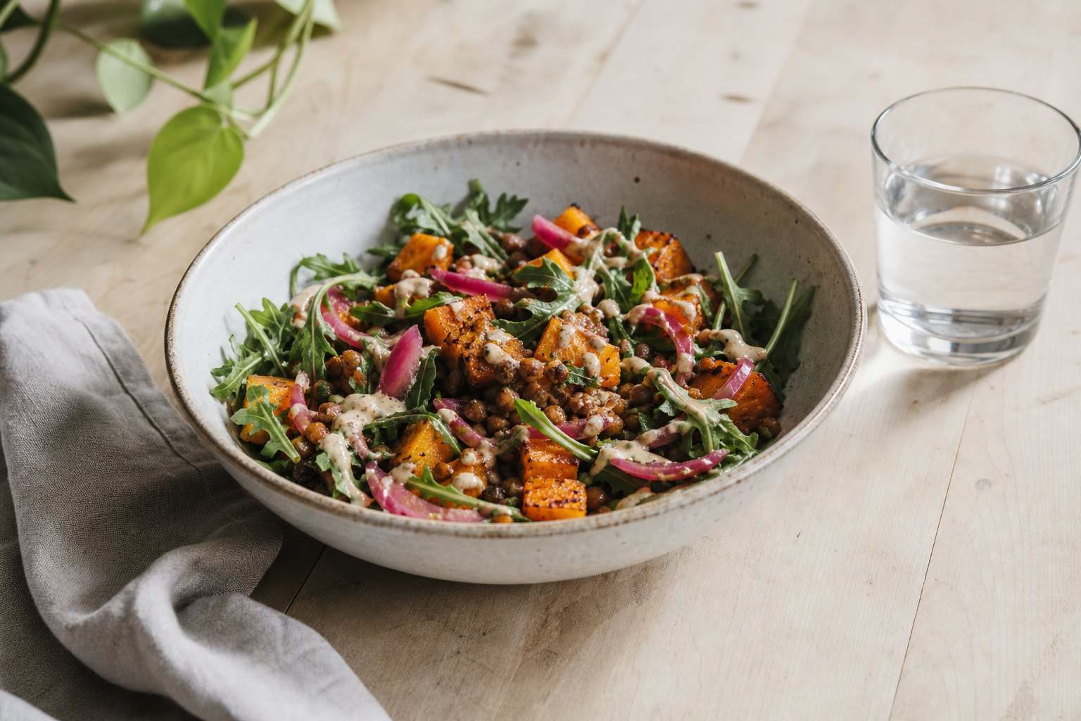 A bowl of roast pumpkin salad with lentils and herbs on a timber table