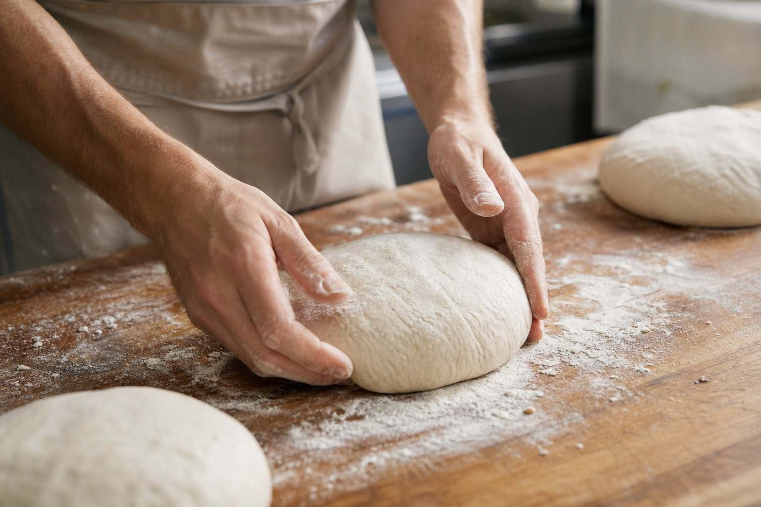 Hands shaping dough on a floured timber bench
